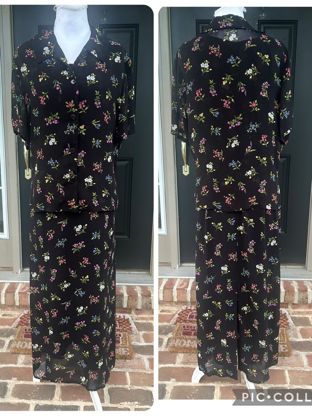 Vintage 90s Talbots black floral sleeveless maxi dress sheer button blouse 14